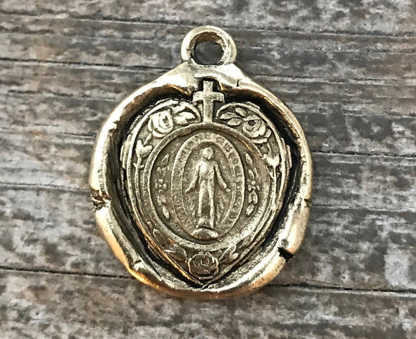 Load image into Gallery viewer, Wax Seal Mary Heart Medal, Catholic Religious Pendant, Blessed Mother, Antiqued Gold Charm, Religious Jewelry, GL-6053
