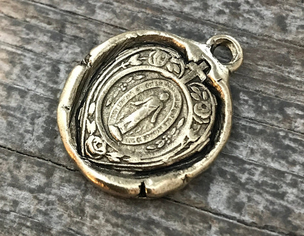 Load image into Gallery viewer, Wax Seal Mary Heart Medal, Catholic Religious Pendant, Blessed Mother, Antiqued Gold Charm, Religious Jewelry, GL-6053
