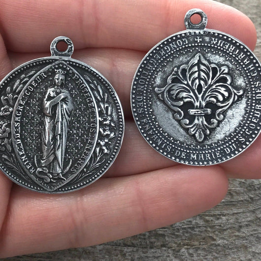 Mary Medal, Sacre Couer Pendant, Sacred Heart Pendant, Silver Pendant, Fleur de Lis, Rosary, Catholic Pendant, Christian Jewelry PW-6042