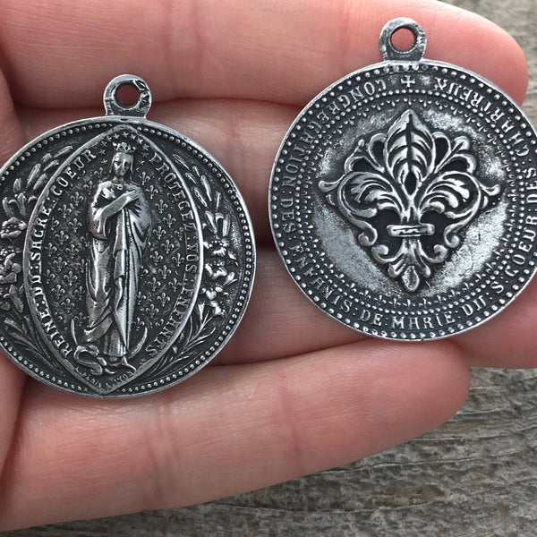 Load image into Gallery viewer, Mary Medal, Sacre Couer Pendant, Sacred Heart Pendant, Silver Pendant, Fleur de Lis, Rosary, Catholic Pendant, Christian Jewelry PW-6042

