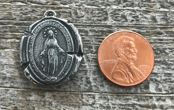 Load image into Gallery viewer, Wax Seal Mary Medal, Catholic Religious Pendant, Blessed Mother, Antiqued Silver Charm, Religious Jewelry, PW-6065
