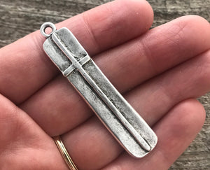 Large Silver Cross Pendant, Long Skinny Modern Bar Rectangle Cross, Antiqued Silver Cross for Jewelry Making Supplies, SL-6136