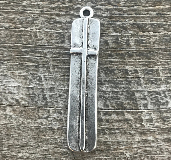 Load image into Gallery viewer, Large Silver Cross Pendant, Long Skinny Modern Bar Rectangle Cross, Antiqued Silver Cross for Jewelry Making Supplies, SL-6136
