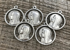 Mary Medal, Virgin Mary, Catholic Necklace, Religious Silver Charm, Cutout, Christian Jewelry Supplies, SL-1015
