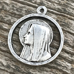 Mary Medal, Virgin Mary, Catholic Necklace, Religious Silver Charm, Cutout, Christian Jewelry Supplies, SL-1015