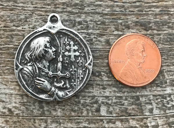 Load image into Gallery viewer, Joan of Arc Medal, Antiqued Oxidized Silver Charm Pendant, Brave Woman, Saint of Soldiers, Religious Christian Catholic Supplies, PW-6057
