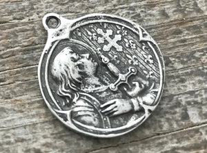 Joan of Arc Medal, Antiqued Oxidized Silver Charm Pendant, Brave Woman, Saint of Soldiers, Religious Christian Catholic Supplies, PW-6057