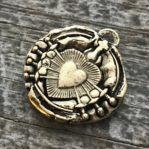 Wax Seal Medal, Catholic Religious Immaculate Heart of Seven 7 Sorrows, Antiqued Gold Charm, Religious Jewelry, GL-6062