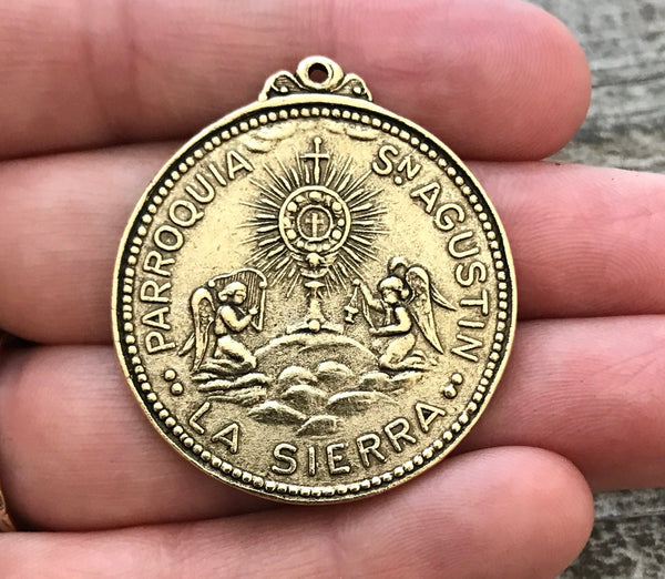 Load image into Gallery viewer, Sacred Heart Pendant, St. Augustine, Antiqued Gold Medal Pendant, Catholic Christian Jewelry, GL-6064
