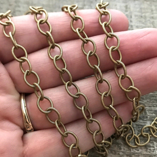 Textured Etched Chain, Circle Cable Bulk Chain By Foot, Antiqued Gold Necklace Bracelet GL-2009