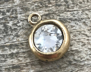 Swarovski Crystal Clear Charm, Antiqued Gold Pendant, Jewelry Making Artisan Findings, GL-S001