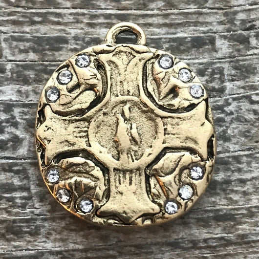 Swarovski Crystal Antiqued Gold Cross Charm, Wax Seal Style Pendant, Rhinestone Jewelry Making, Artisan Findings, GL-6169