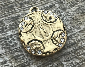 Swarovski Crystal Antiqued Gold Cross Charm, Wax Seal Style Pendant, Rhinestone Jewelry Making, Artisan Findings, GL-6169