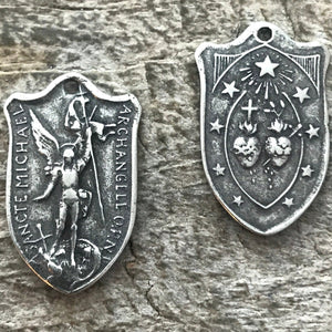 2 St. Michael Medal, Catholic Medal, Antiqued Silver Charm, Archangel Michael Shield, Religious Charm, Protect Us, Jewelry, PW-6186