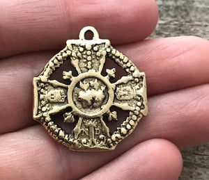 Sacred Immaculate Heart Cross, Notre Dame Catholic Religious French Medal, Antiqued Gold Charm, Jewelry Making Supplies, GL-6070