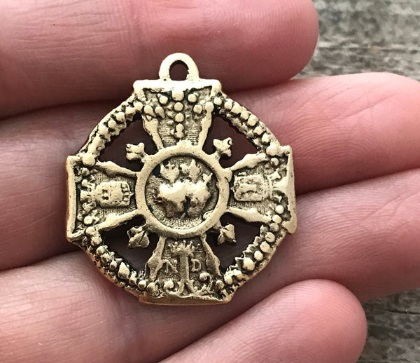 Load image into Gallery viewer, Sacred Immaculate Heart Cross, Notre Dame Catholic Religious French Medal, Antiqued Gold Charm, Jewelry Making Supplies, GL-6070
