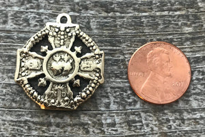 Sacred Immaculate Heart Cross, Notre Dame Catholic Religious French Medal, Antiqued Gold Charm, Jewelry Making Supplies, GL-6070