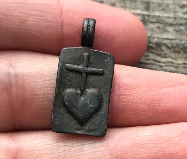 Load image into Gallery viewer, 2 Heart Cross Rectangle Charm, Antiqued Rustic Brown, Heart Cross, Talisman, BR-6010
