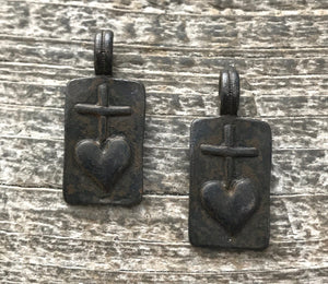 2 Heart Cross Rectangle Charm, Antiqued Rustic Brown, Heart Cross, Talisman, BR-6010