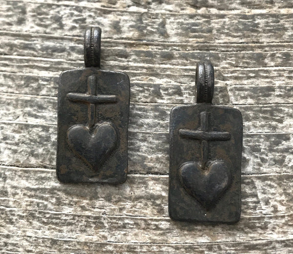Load image into Gallery viewer, 2 Heart Cross Rectangle Charm, Antiqued Rustic Brown, Heart Cross, Talisman, BR-6010
