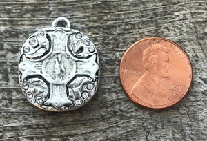 Swarovski Crystal Antiqued Silver Cross Charm, Wax Seal Style Pendant, Rhinestone Jewelry Making, Artisan Findings, SL-6169