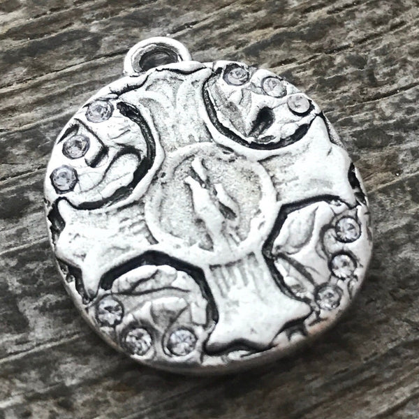Load image into Gallery viewer, Swarovski Crystal Antiqued Silver Cross Charm, Wax Seal Style Pendant, Rhinestone Jewelry Making, Artisan Findings, SL-6169
