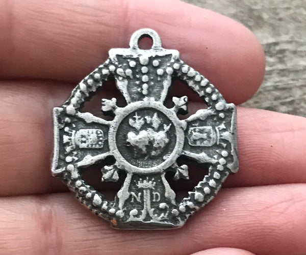 Load image into Gallery viewer, Sacred Immaculate Heart Cross, Notre Dame Catholic Religious French Medal, Antiqued Silver Charm, Jewelry Making Supplies, PW-6070
