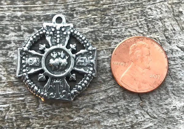 Load image into Gallery viewer, Sacred Immaculate Heart Cross, Notre Dame Catholic Religious French Medal, Antiqued Silver Charm, Jewelry Making Supplies, PW-6070
