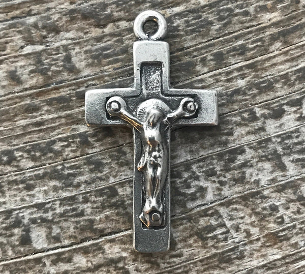 Load image into Gallery viewer, Cross Pendant, Silver Crucifix, Rosary Parts, Catholic Jewelry Supply, Religious Jewelry, PW-6038
