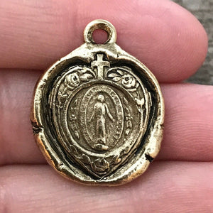 Wax Seal Mary Heart Medal, Catholic Religious Pendant, Blessed Mother, Antiqued Gold Charm, Religious Jewelry, GL-6053