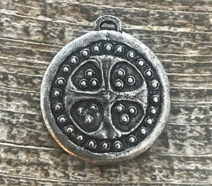 Bumpy Dotted Ancient Viking Cross Token, Antiqued Silver, Artisan Pendant Charm, PW-6072