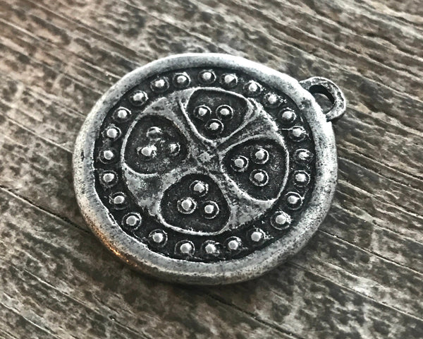 Load image into Gallery viewer, Bumpy Dotted Ancient Viking Cross Token, Antiqued Silver, Artisan Pendant Charm, PW-6072
