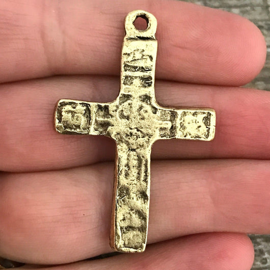 Ancient Cross, Antiqued Gold Cross Pendant, Large Artisan Cross, Crucifix, GL-6059