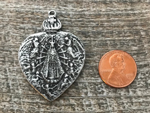 Our Lady of Lujan Heart Medal, Catholic Religious Pendant, Blessed Mother, Antiqued Oxidized Silver Religious Jewelry, PW-6073