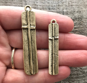 Medium Gold Cross Pendant, Long Skinny Modern Bar Rectangle Cross, Antiqued Gold Cross for Jewelry Making Supplies, GL-6142