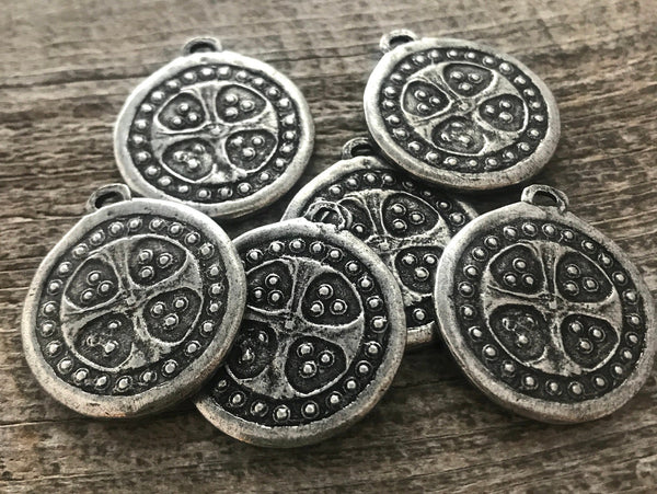 Load image into Gallery viewer, Bumpy Dotted Ancient Viking Cross Token, Antiqued Silver, Artisan Pendant Charm, PW-6072
