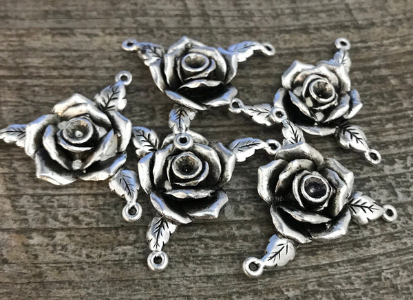 Load image into Gallery viewer, Rose Connector, Rosary Centerpiece, Antiqued Silver Rose, Flower Pendant, Catholic Jewelry, Jewelry Supplies, Jewelry for Women, SL-6023
