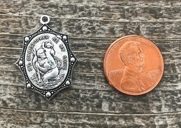 Load image into Gallery viewer, St. Christopher, Catholic Medal, Catholic, Silver Medal Charm, Travel Saint, Religious Jewelry, Protect Us Christian SL-0100
