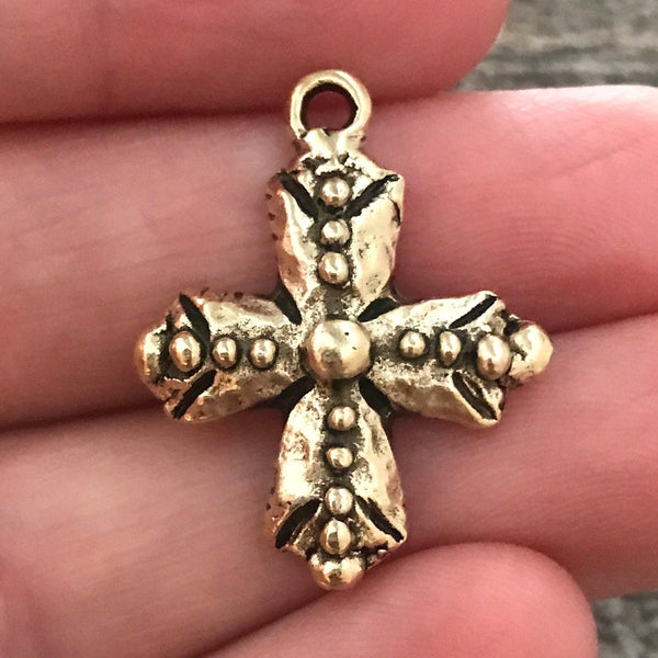 Load image into Gallery viewer, Bumpy Dotted Cross, Antiqued Gold, Artisan Pendant Charm, GL-6071
