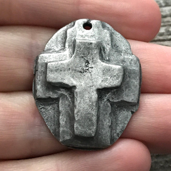 Load image into Gallery viewer, Hammered Artisan Oval Cross Pendant, Antiqued Silver Cross, Leather Pendant, Religious Jewelry, Cross Charm, PW-6080
