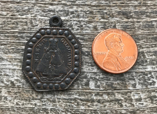 Load image into Gallery viewer, Virgin Mary Medal, Our Lady of Guadalupe, St. Jerome Catholic Medal, Religious Rustic Brown Spanish Charm Jewelry Supplies, BR-1117
