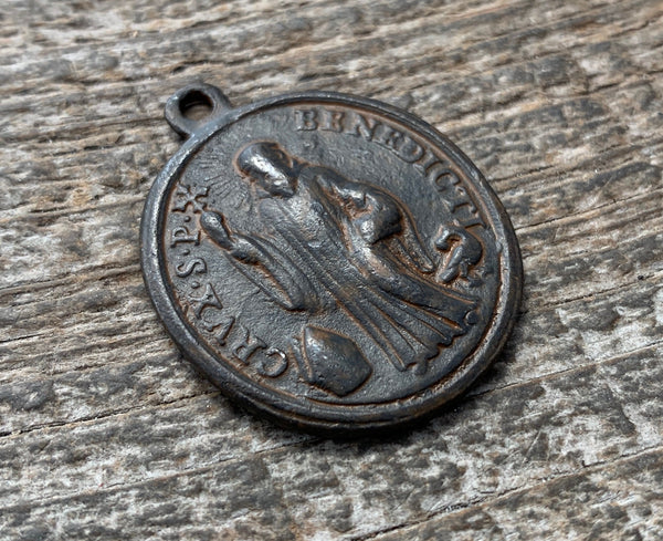Load image into Gallery viewer, Saint St. Benedict Medal, Benedictan Cross, Antiqued Rustic Brown Catholic Medal, Religious Pendant Charm Jewelry Supplies, BR-1126

