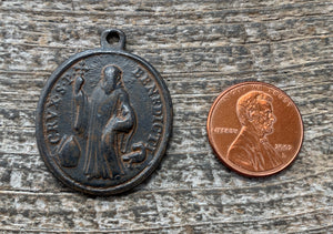 Saint St. Benedict Medal, Benedictan Cross, Antiqued Rustic Brown Catholic Medal, Religious Pendant Charm Jewelry Supplies, BR-1126