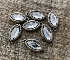 Swarovski Crystal Clear Navette Charm, Antiqued Silver Rhinestone Pendant, Jewelry Making Artisan Findings, PW-S005