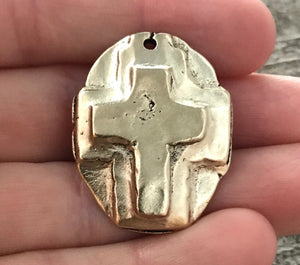 Hammered Artisan Oval Cross Pendant, Gold Cross, Leather Pendant, Religious Jewelry, Cross Charm, GL-6080