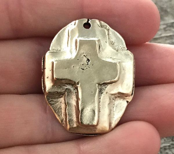 Load image into Gallery viewer, Hammered Artisan Oval Cross Pendant, Gold Cross, Leather Pendant, Religious Jewelry, Cross Charm, GL-6080
