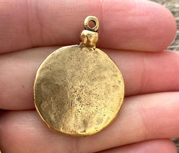 Load image into Gallery viewer, Old World Greek Coin Replica with Setting, Antiqued Gold Charm Pendant, Woman Lady Coin, Jewelry Supplies, GL-6195
