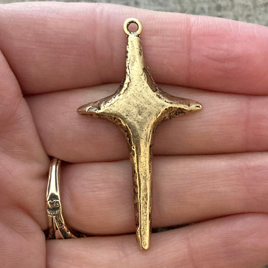 Skinny Star Cross Pendant Charm, Antiqued Gold Cross for Jewelry Making Supplies, GL-6085