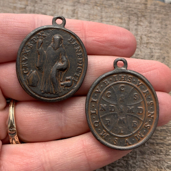 Load image into Gallery viewer, Saint St. Benedict Medal, Benedictan Cross, Antiqued Rustic Brown Catholic Medal, Religious Pendant Charm Jewelry Supplies, BR-1126
