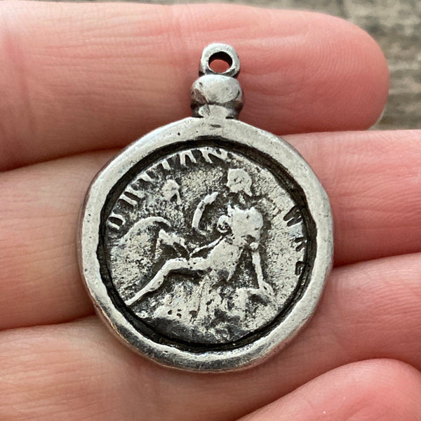 Load image into Gallery viewer, Old World Greek Coin Replica with Setting, Antiqued Silver Charm Pendant, Woman Lady Coin, Jewelry Supplies, PW-6195
